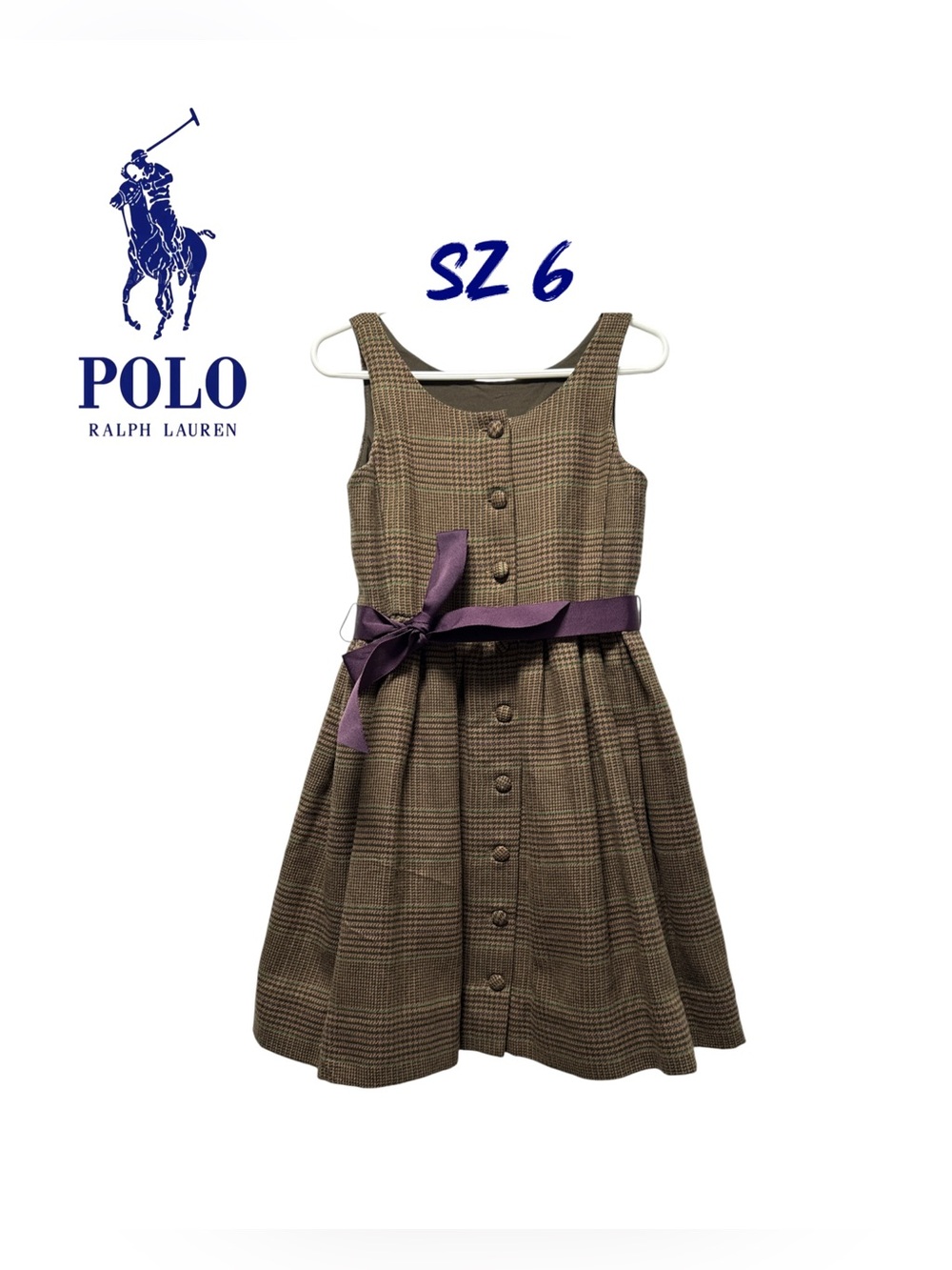 Euc Polo Ralph Lauren Girls Size 6 Brown Glen Plaid Sleeveless Fit & Flare Dress